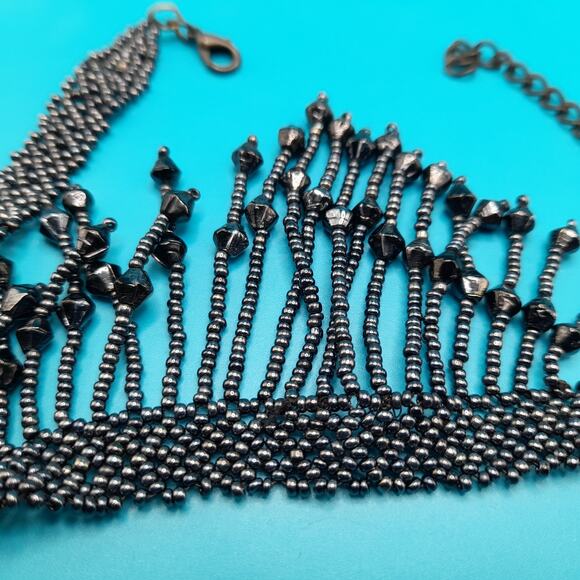 Vintage Hand Woven Seed Bead Fringe Necklace, Metallic Black, 15 1/2" - Picture 8 of 8